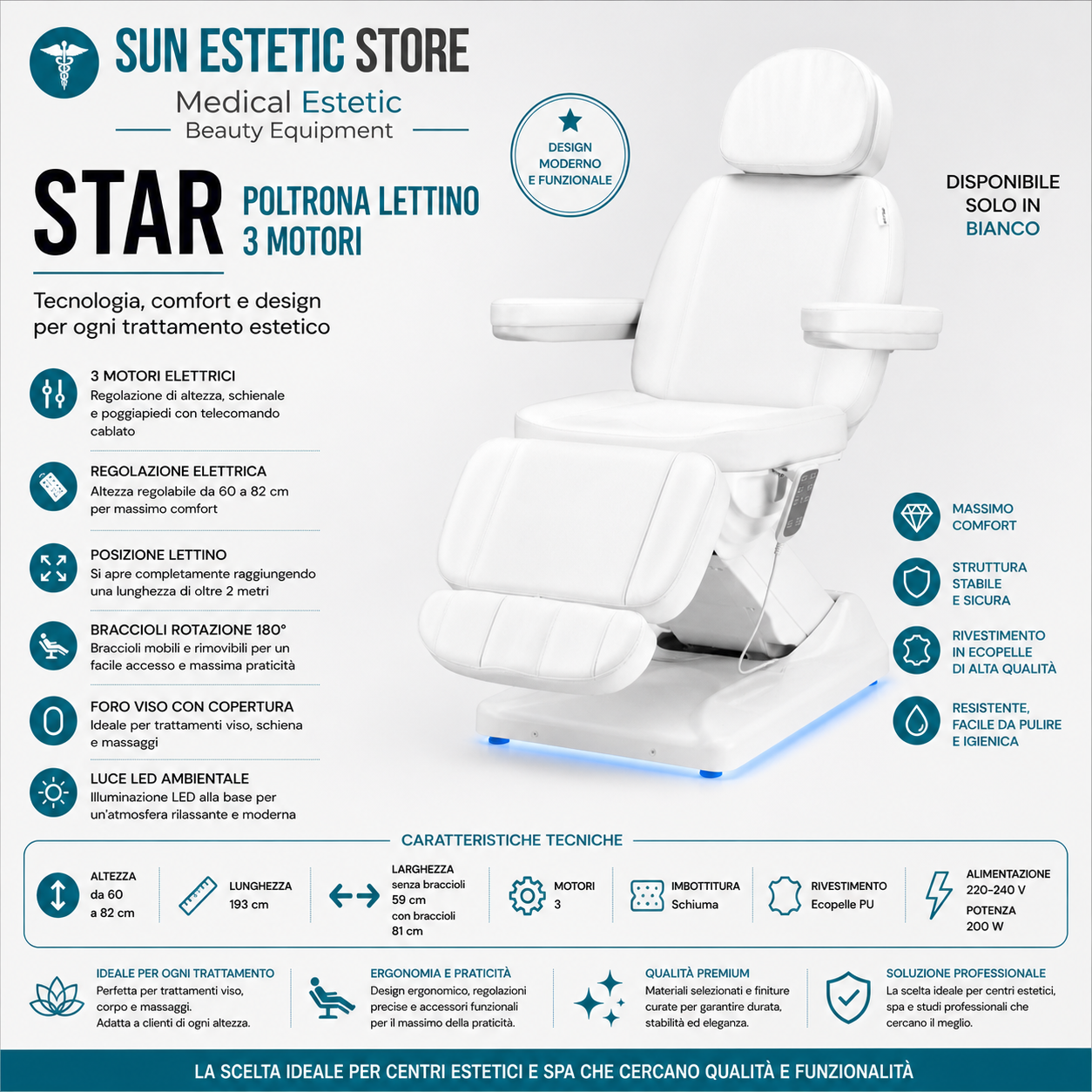 Star poltrona lettino luxury a 3 motori per estetica
