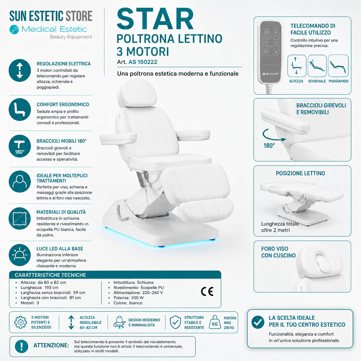 Star poltrona lettino luxury a 3 motori per estetica