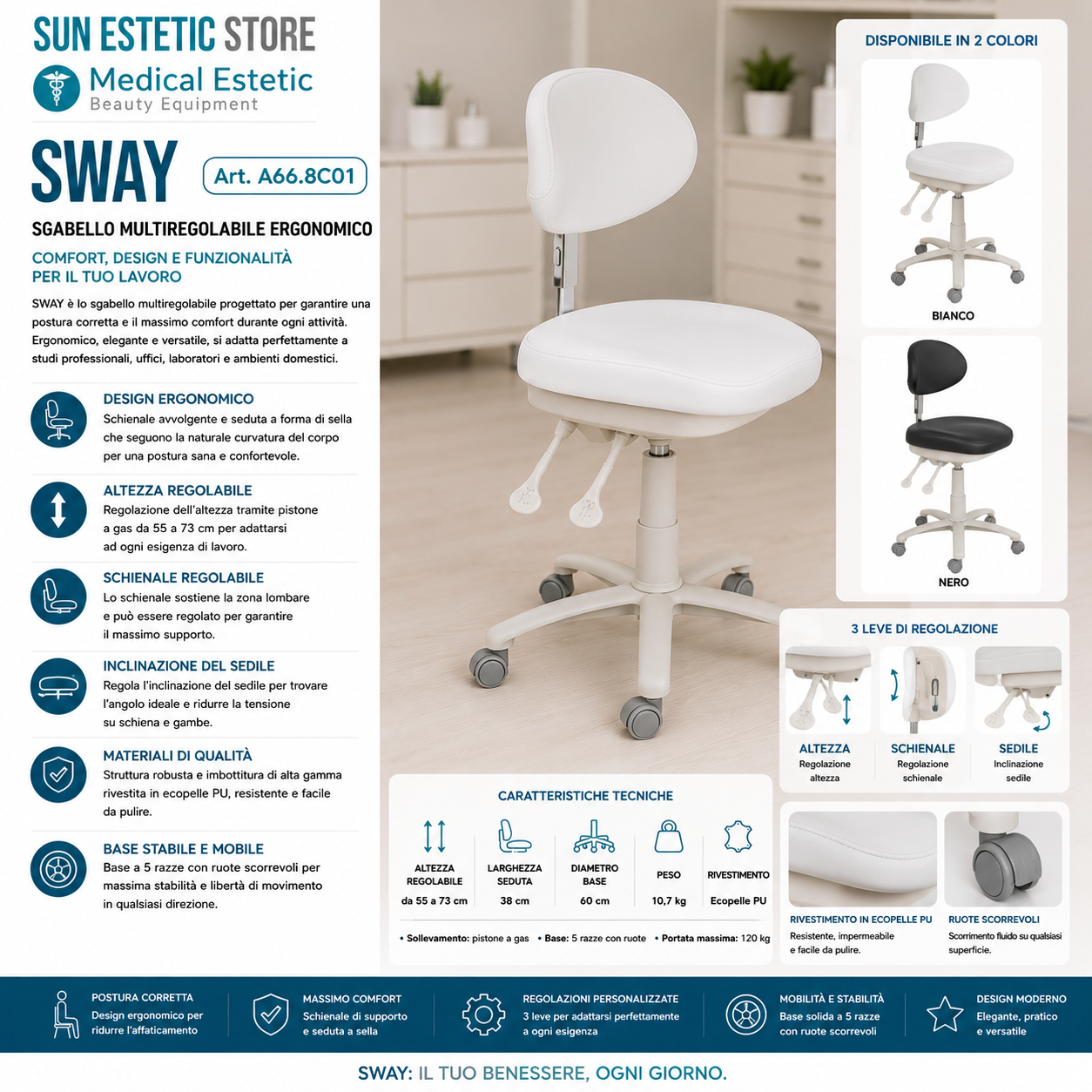 Sway sgabello ergonomico multiregolabile con schienale estetica medico