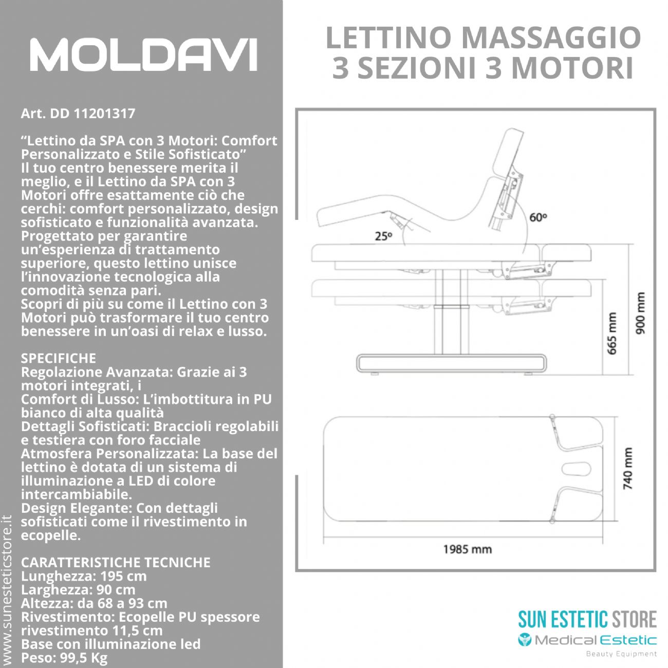 Moldavi Lettino massaggio elettrico 3 sezioni 3 motori