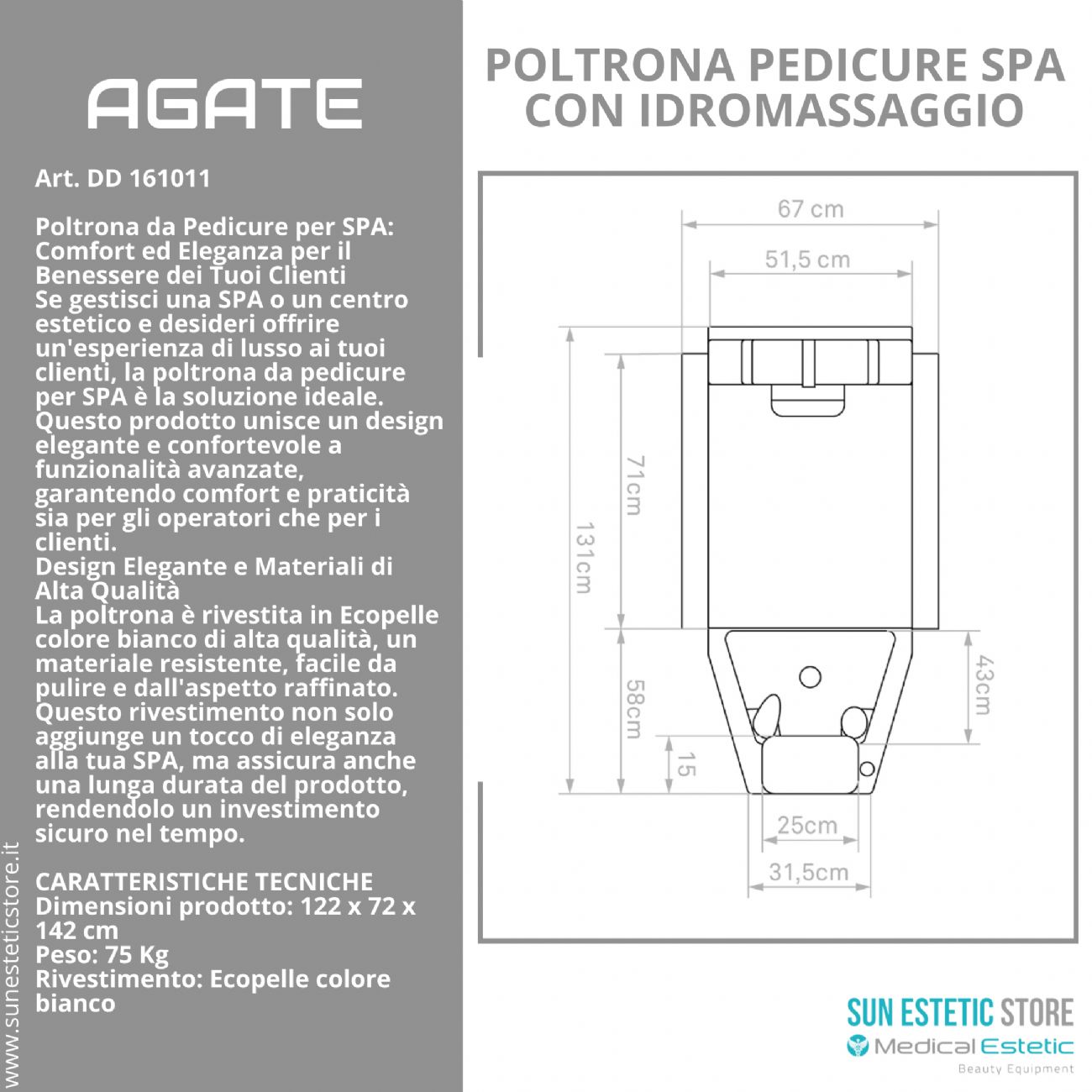 Agate poltrona pedicure estetica spa elettrica 2 motori con Idromassaggio