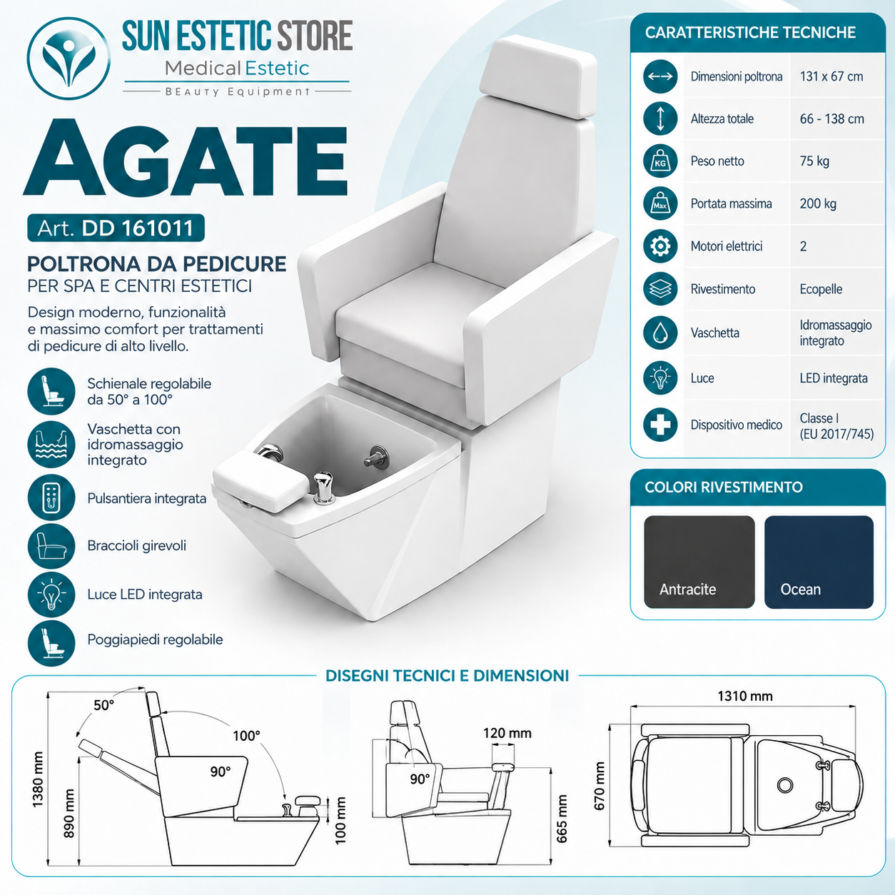 Agate poltrona pedicure estetica spa elettrica 2 motori con Idromassaggio