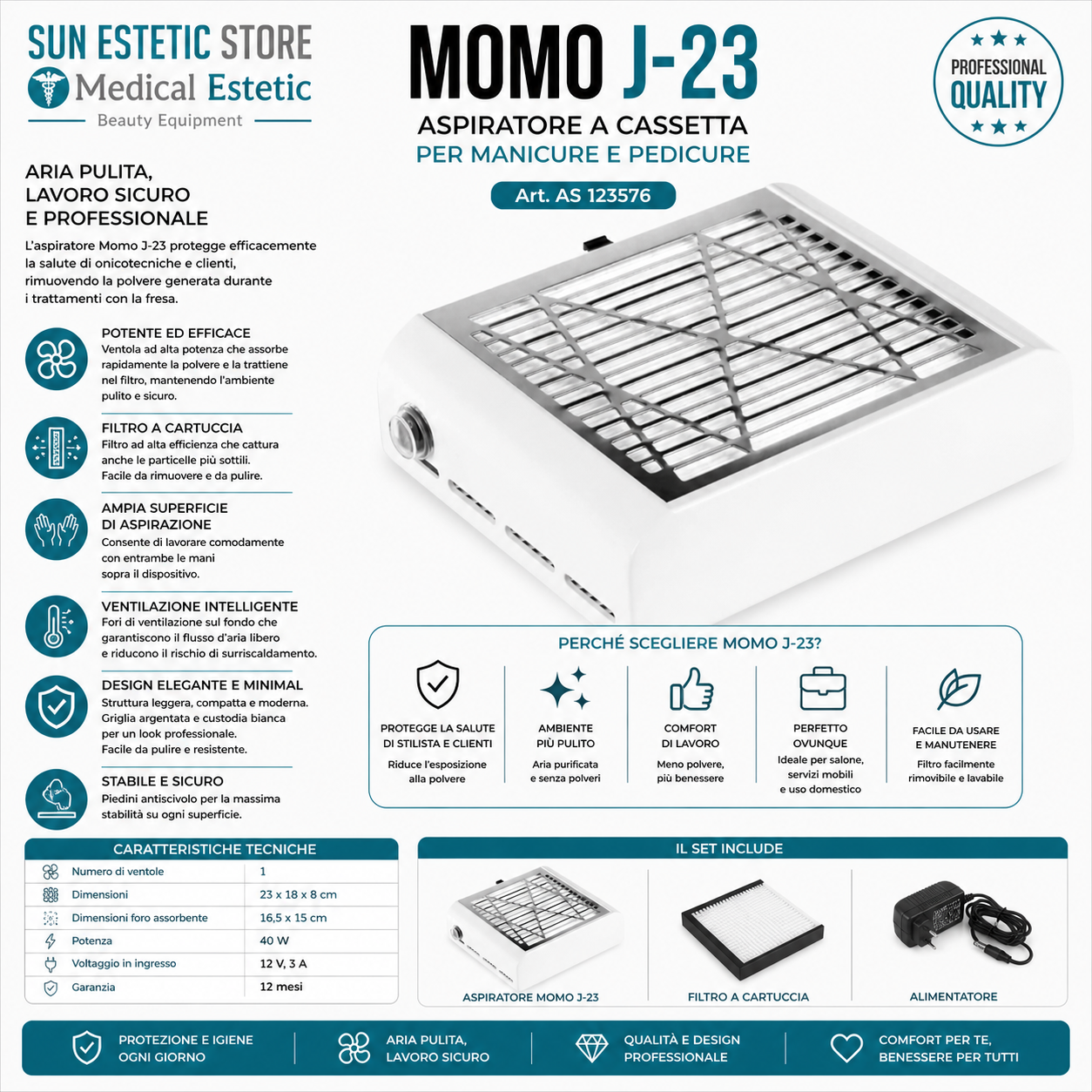 Momo J-23 Aspiratore a cassetta per manicure e pedicure