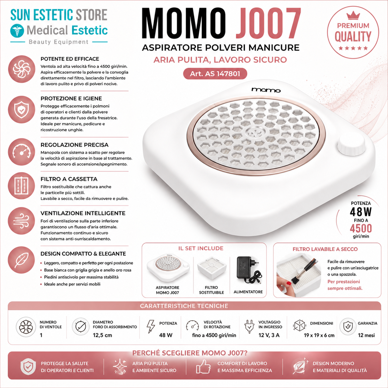Momo J007 48W Aspiratore polveri manicure