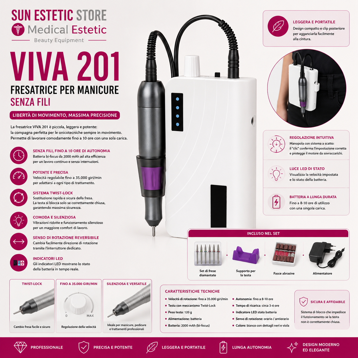 Viva 201 Fresa micromotore portatile a batteria