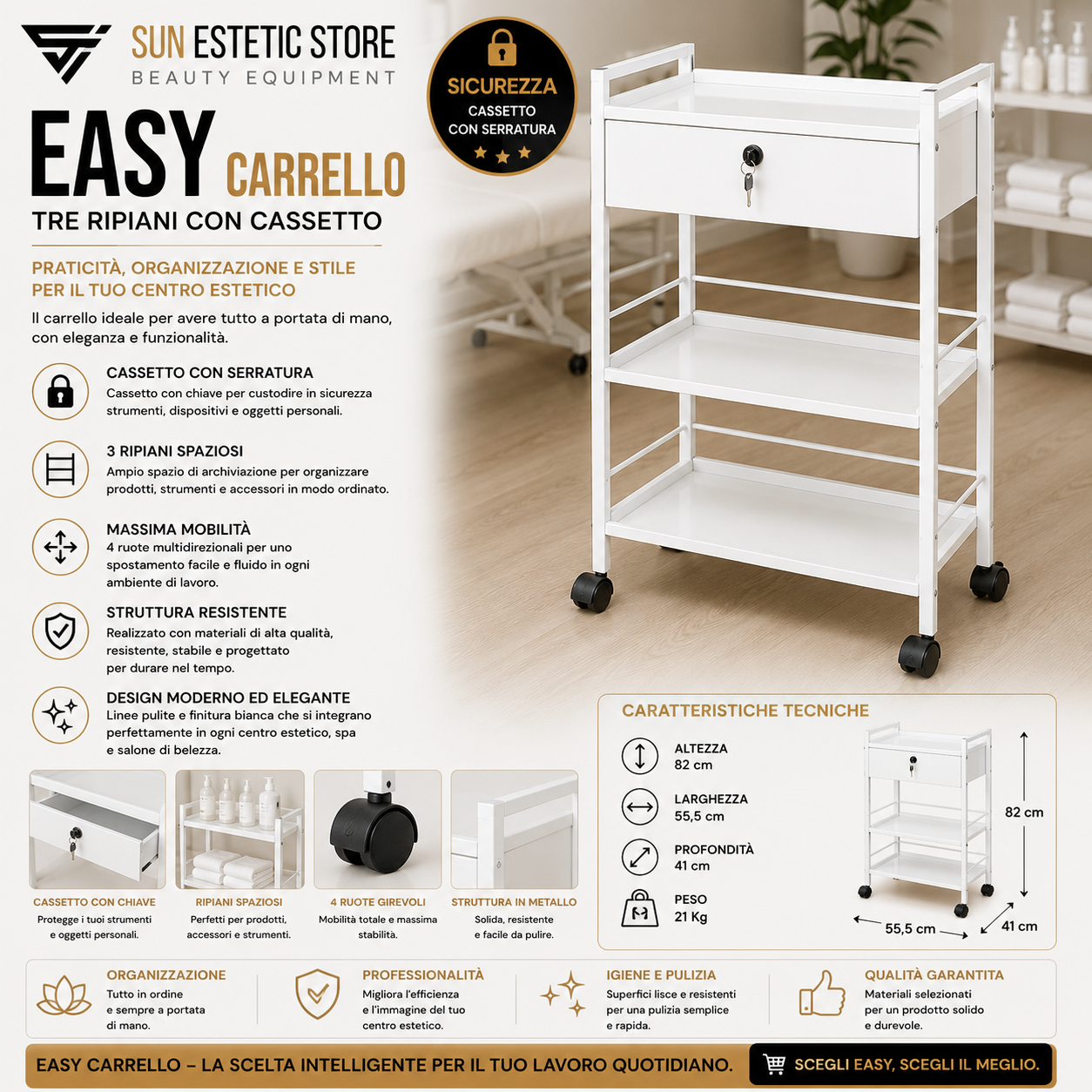 Easy carrello tre ripiani con cassetto serratura estetica studio medico ambulatorio