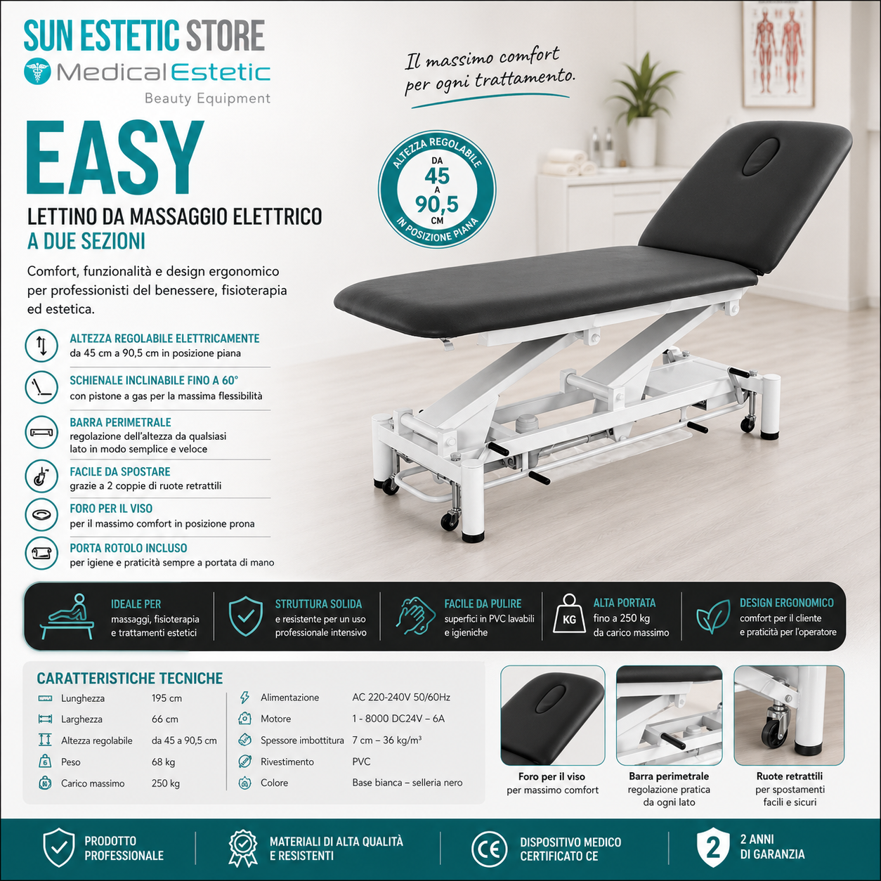 Easy lettino fisioterapia 2 sezioni 1 motore con comando perimetrale