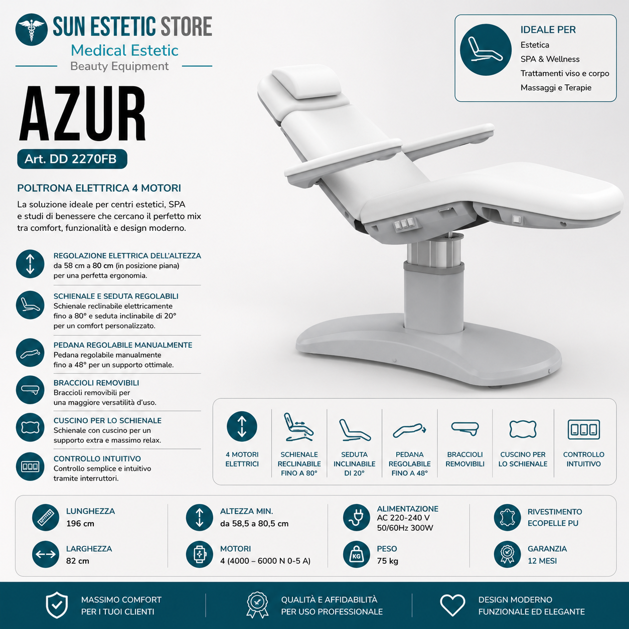 Azur Poltrona Elettrica 4 motori per Estetica e SPA