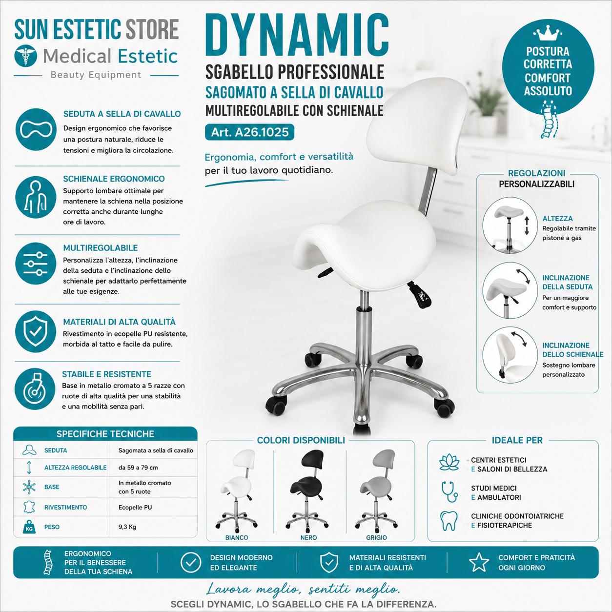 Dynamic sgabello sagomato multiregolabile  con schienale
