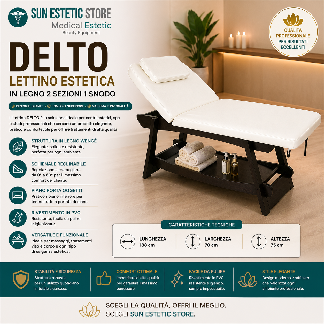 Delto lettino da massaggio in legno colore wengè 2 sezioni 1 snodo estetica estetista centro benessere