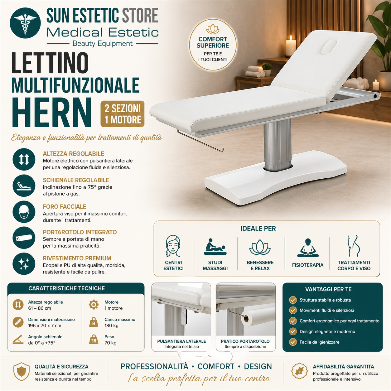 Hern lettino massaggio 2 sezioni 1 motore  estetista 