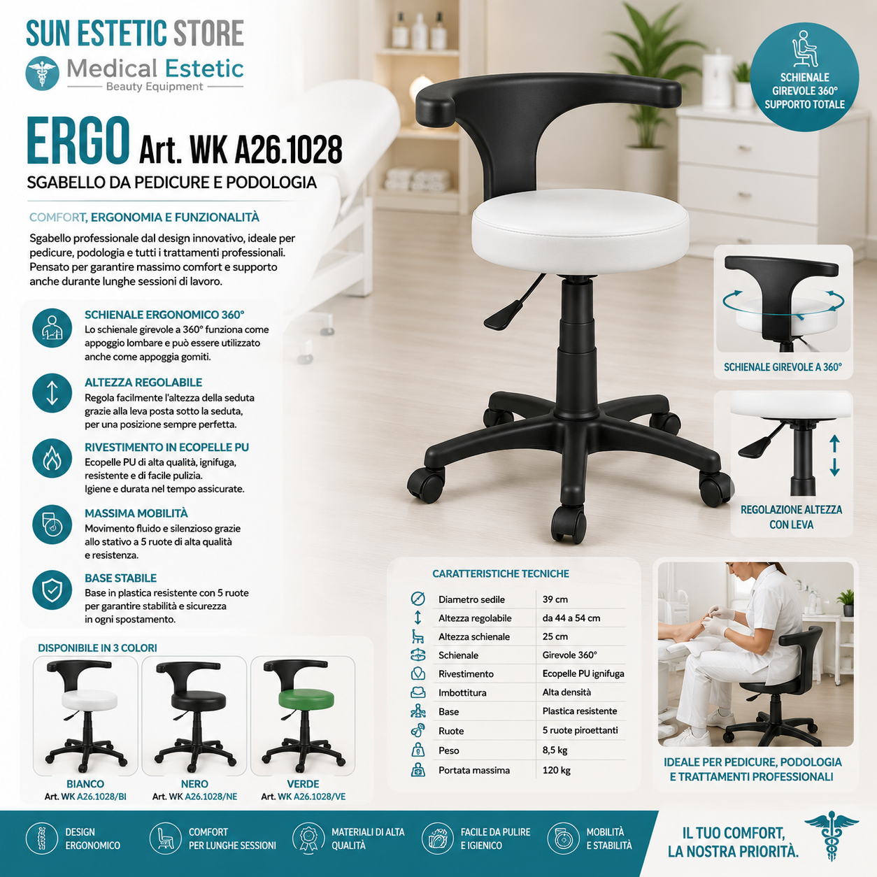 Ergo sgabello design innovativo professionale pedicure estetica medico
