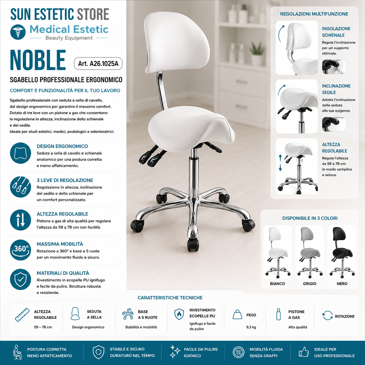 Noble sgabello sagomato con schienale multiregolabile estetica medico podologo