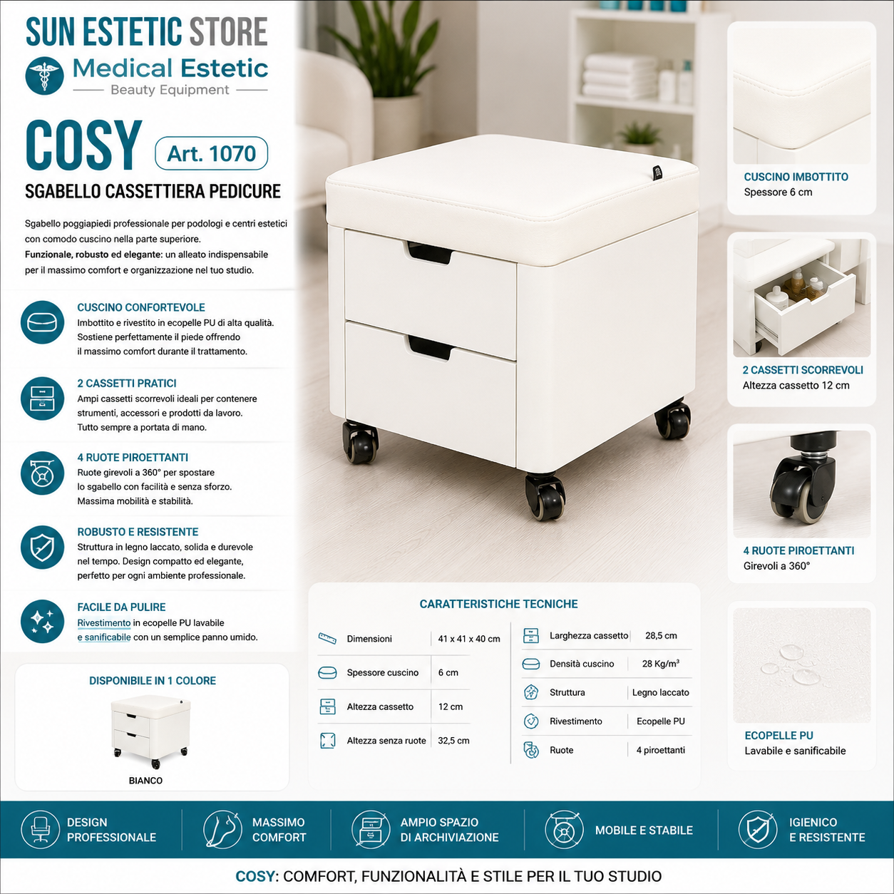 Cosy sgabello pedicure con due cassetti porta oggetti estetica nails