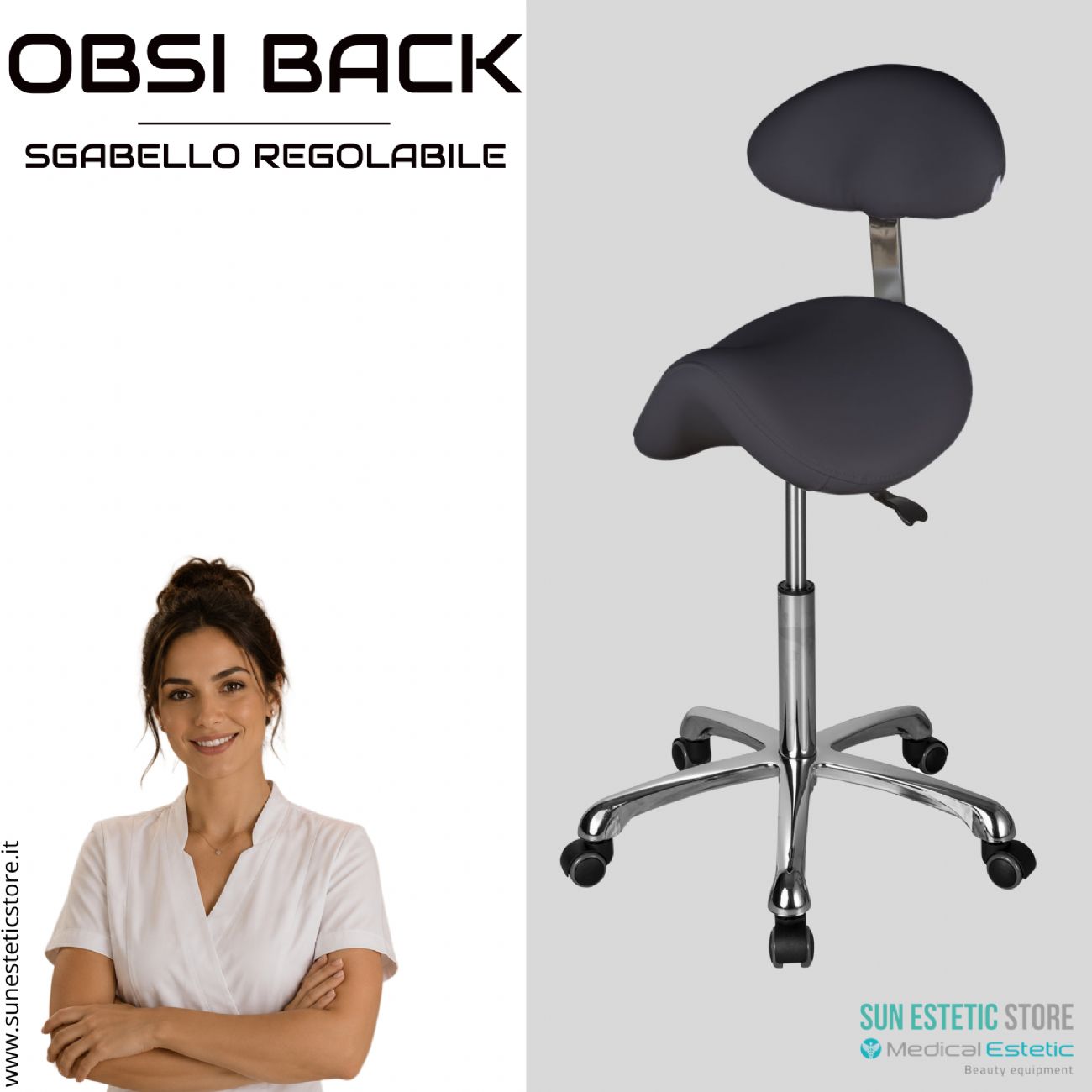 Obsi Back sgabello regolabile ergonomico a sella di cavallo con schienale