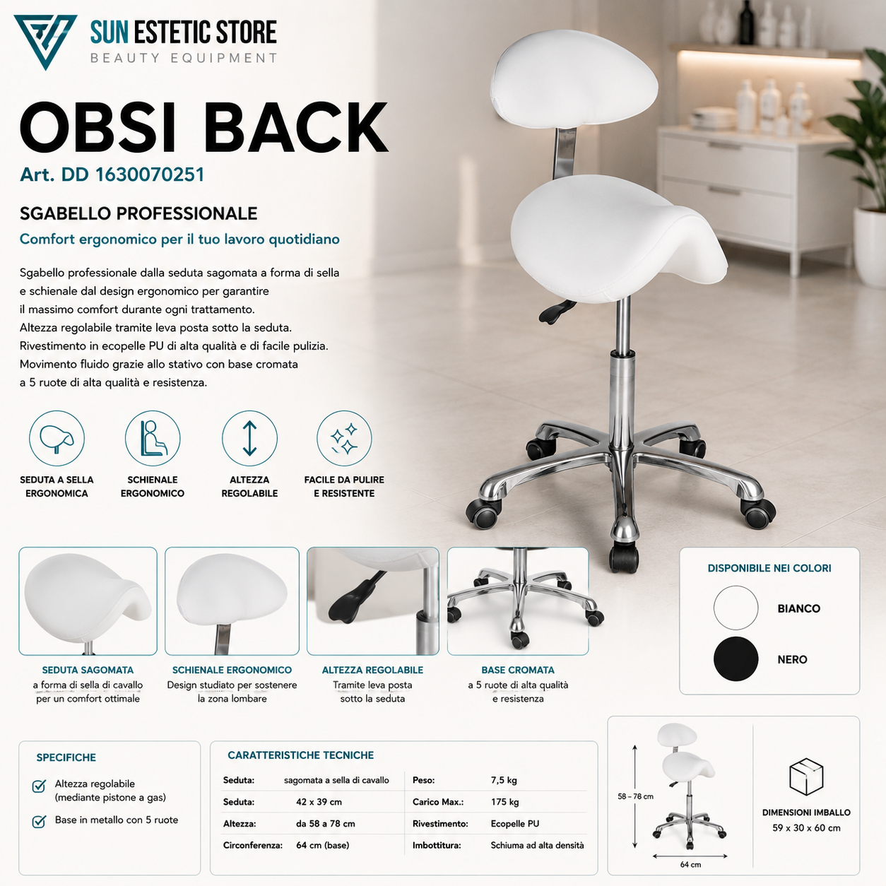 Obsi Back sgabello regolabile ergonomico a sella di cavallo con schienale
