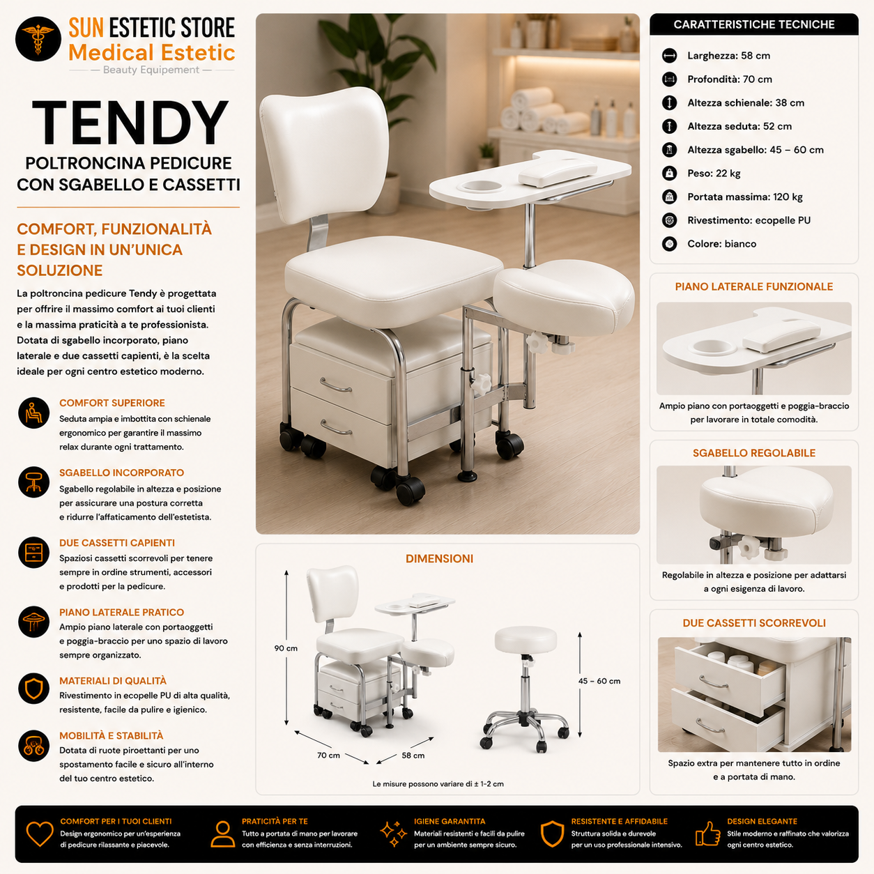Tendy poltroncina pedicure manicure con tavolino e 2 pratici cassetti