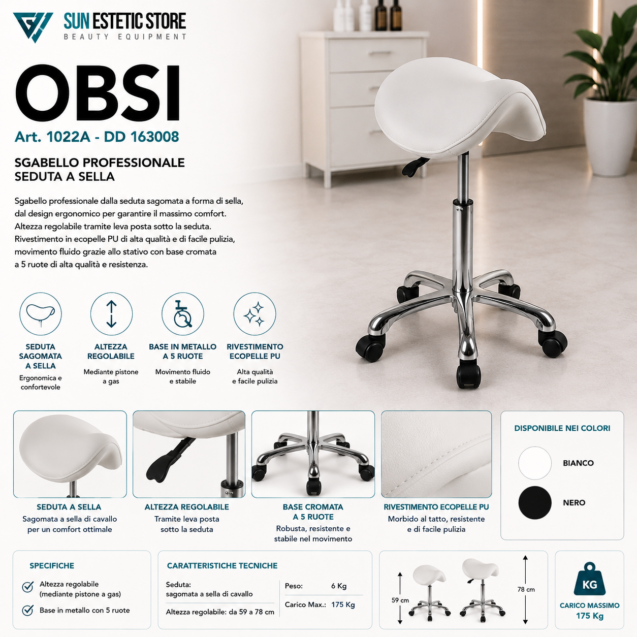 Obsi sgabello sagomato regolabile senza schienale