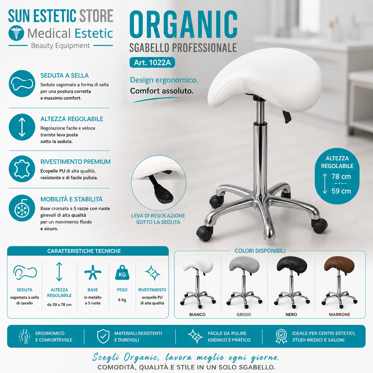 Organic sgabello sagomato regolabile senza schienale estetica parrucchiere medico dentista