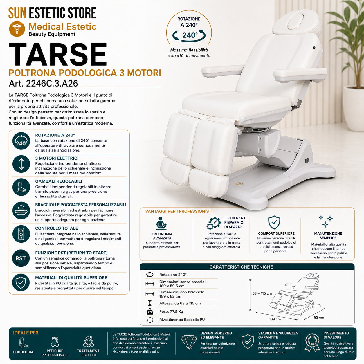 Tarse poltrona podologica elettrica 3 motori professionale estetica pedicure