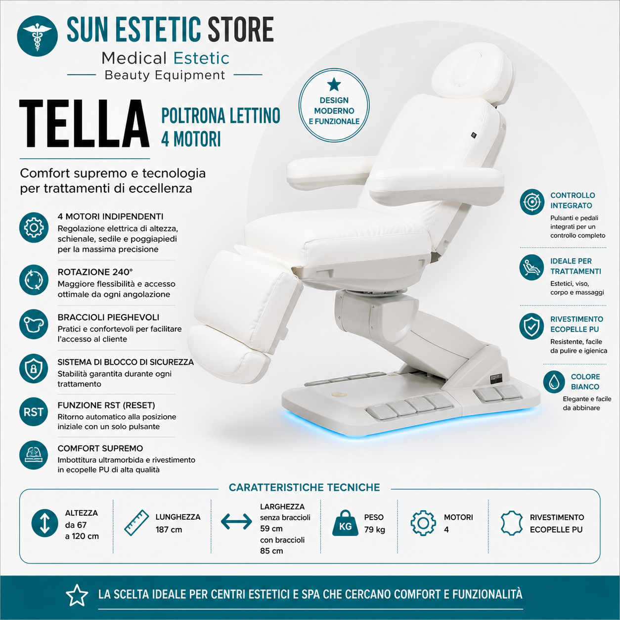 Tella poltrona lettino elettrica professionale 4 motori massaggi estetica EB+