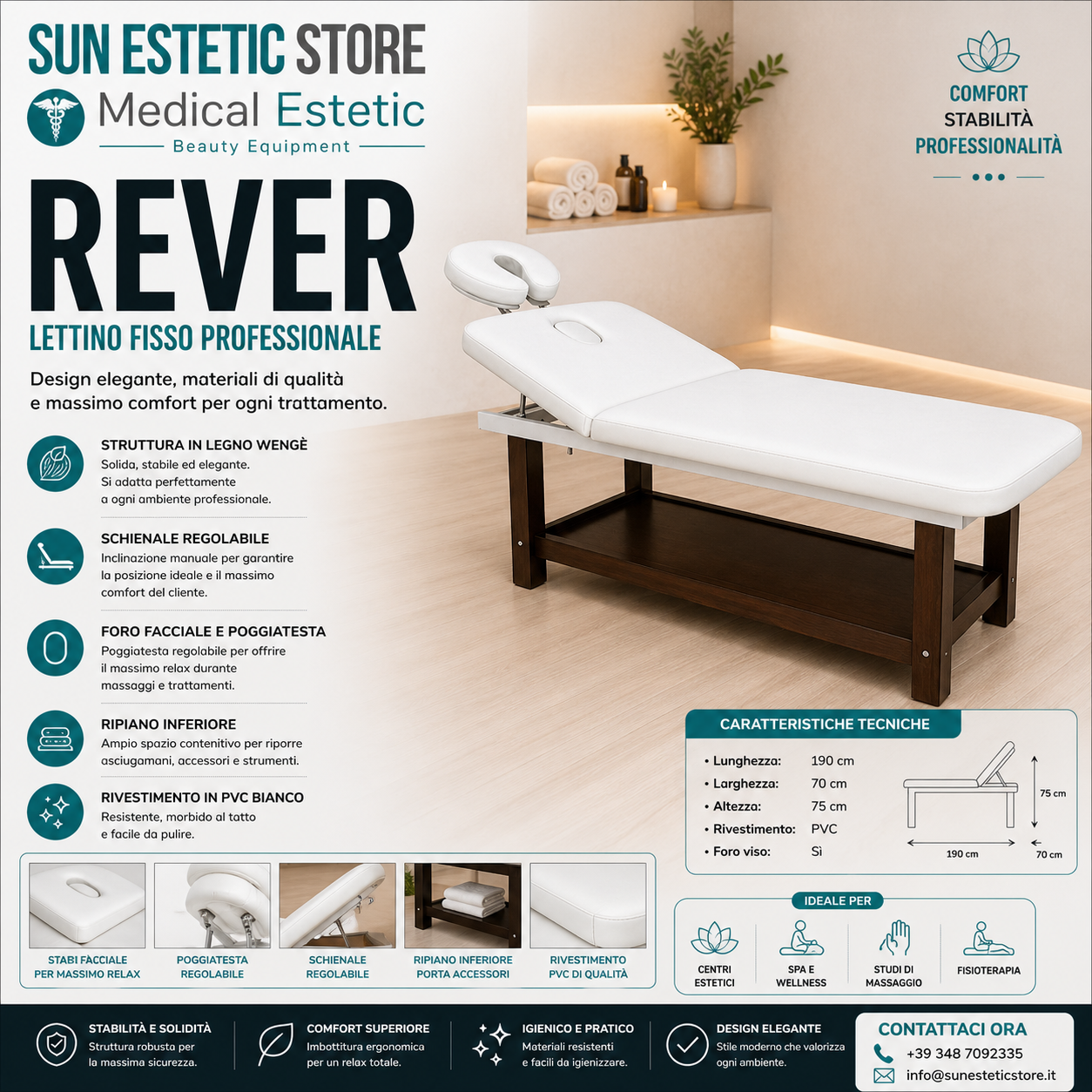Rever lettino Massaggio in legno 1 snodo 2 sezioni Estetista benessere Spa