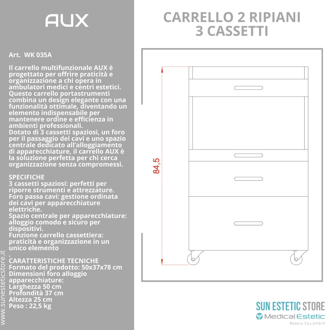 Aux carrello in legno bianco laccato con cassetti con alloggio porta apparecchiature