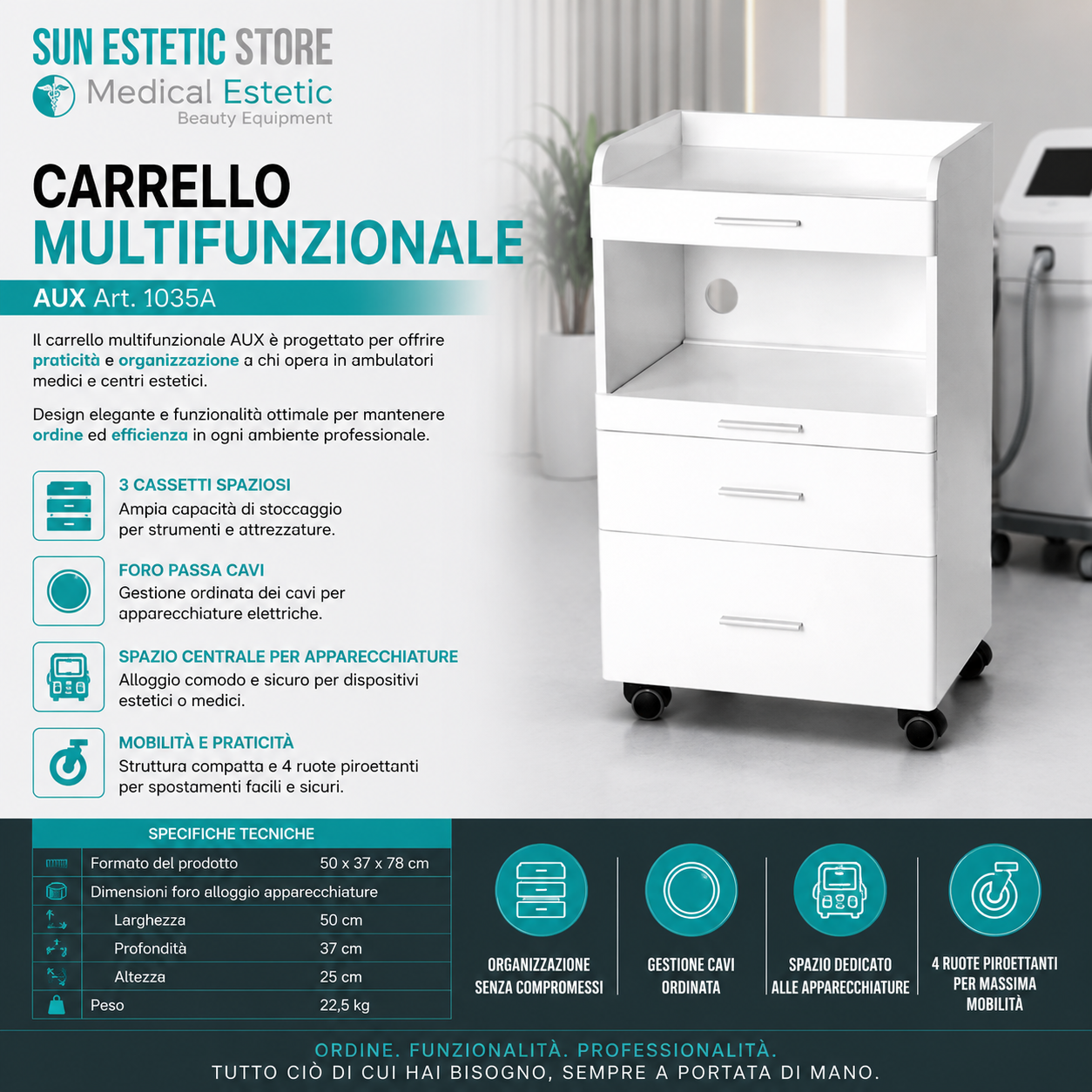 Aux carrello in legno bianco laccato con cassetti con alloggio porta apparecchiature