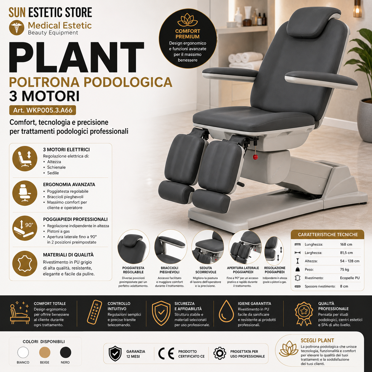 Plant poltrona podologica professionale pedicure elettrica 3 motori