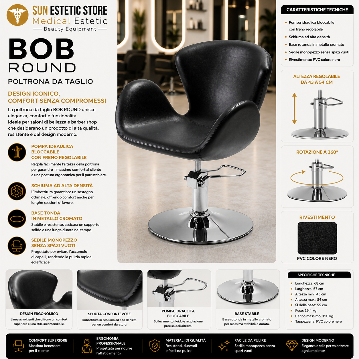 Bob Round poltroncina taglio idraulica con base rotonda